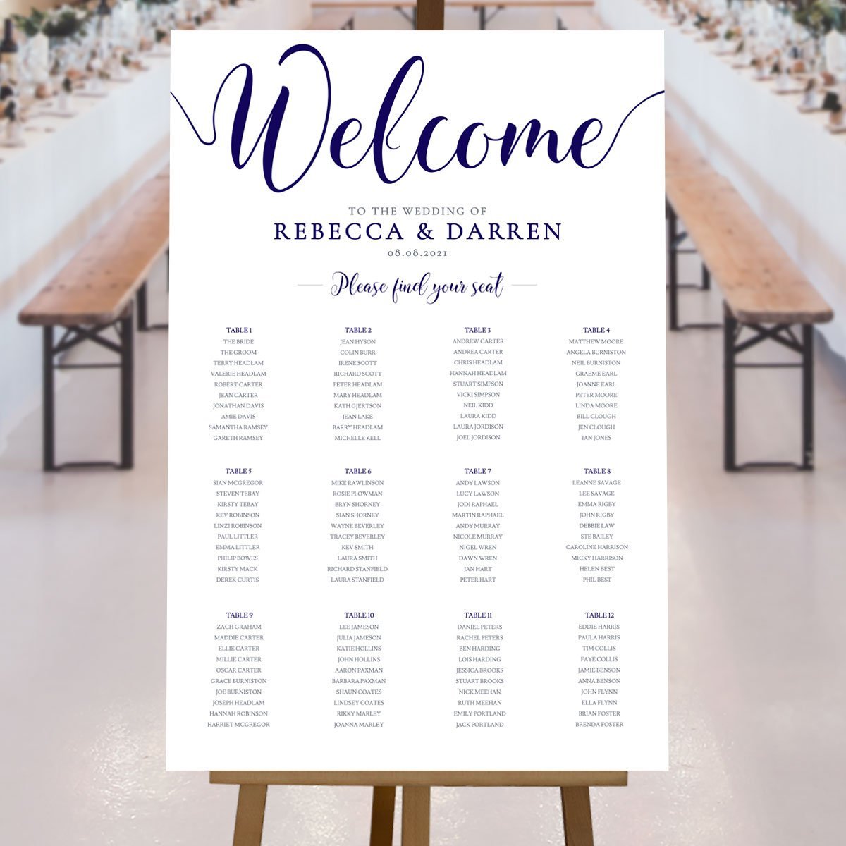 navy seating chart template at a rustic wedding