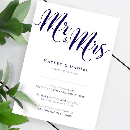 navy mr and mrs wedding invitation template