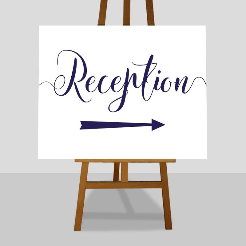 navy reception sign with right arrow on an easel