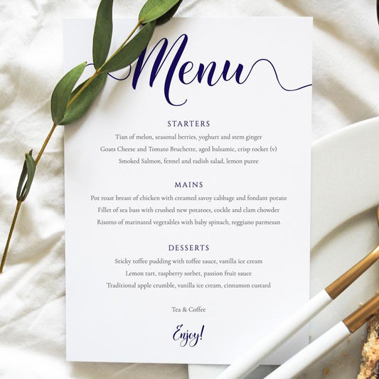 navy wedding table menu card