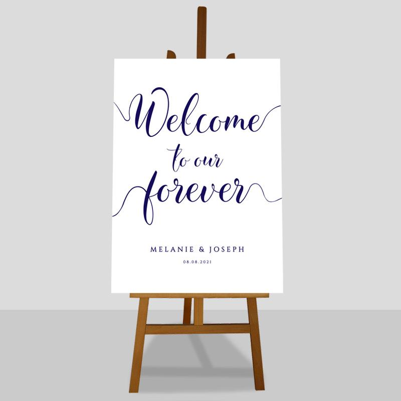 printable navy wedding sign on an easel