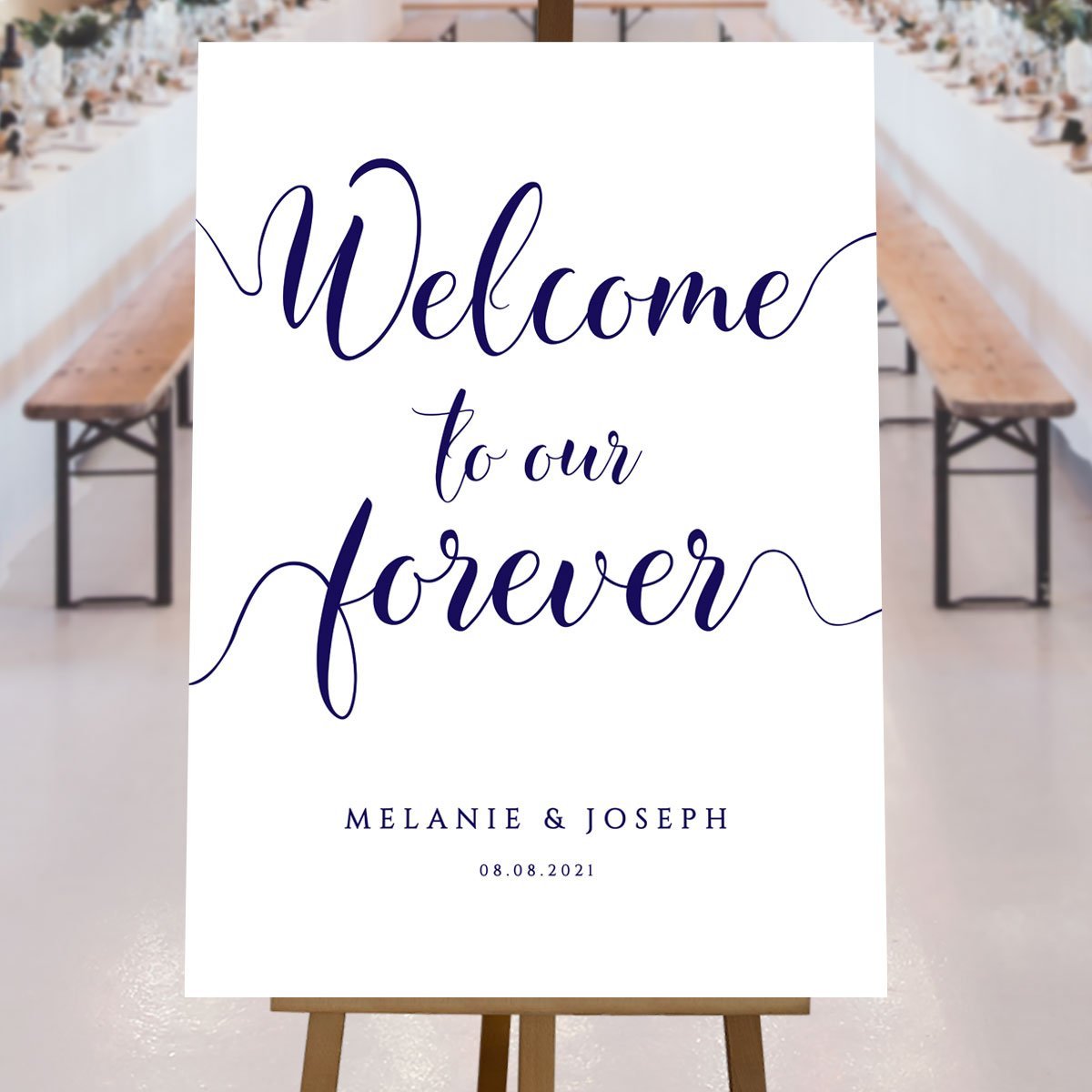 navy welcome to our forever sign at a rustic wedding reception