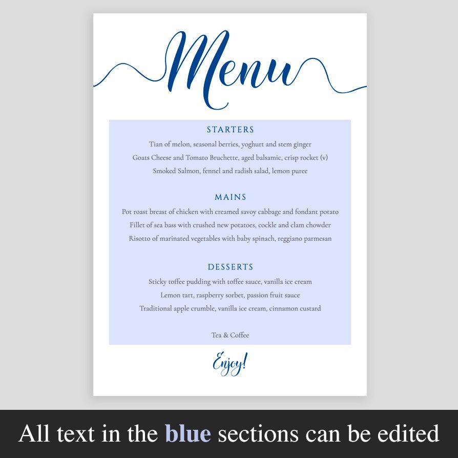 ocean blue wedding menu template with editable text highlighted