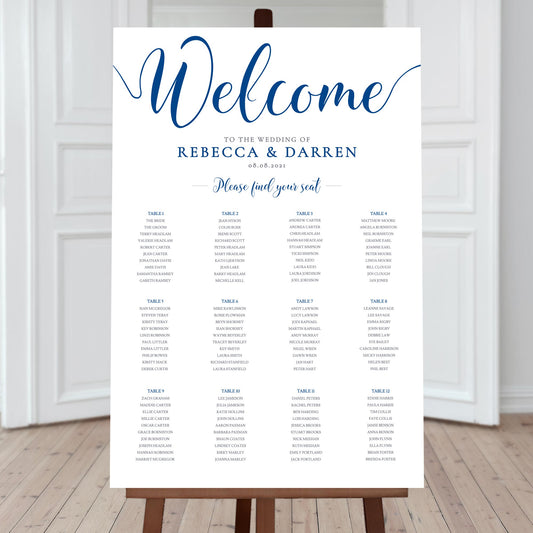 ocean blue wedding seating chart with 12 tables