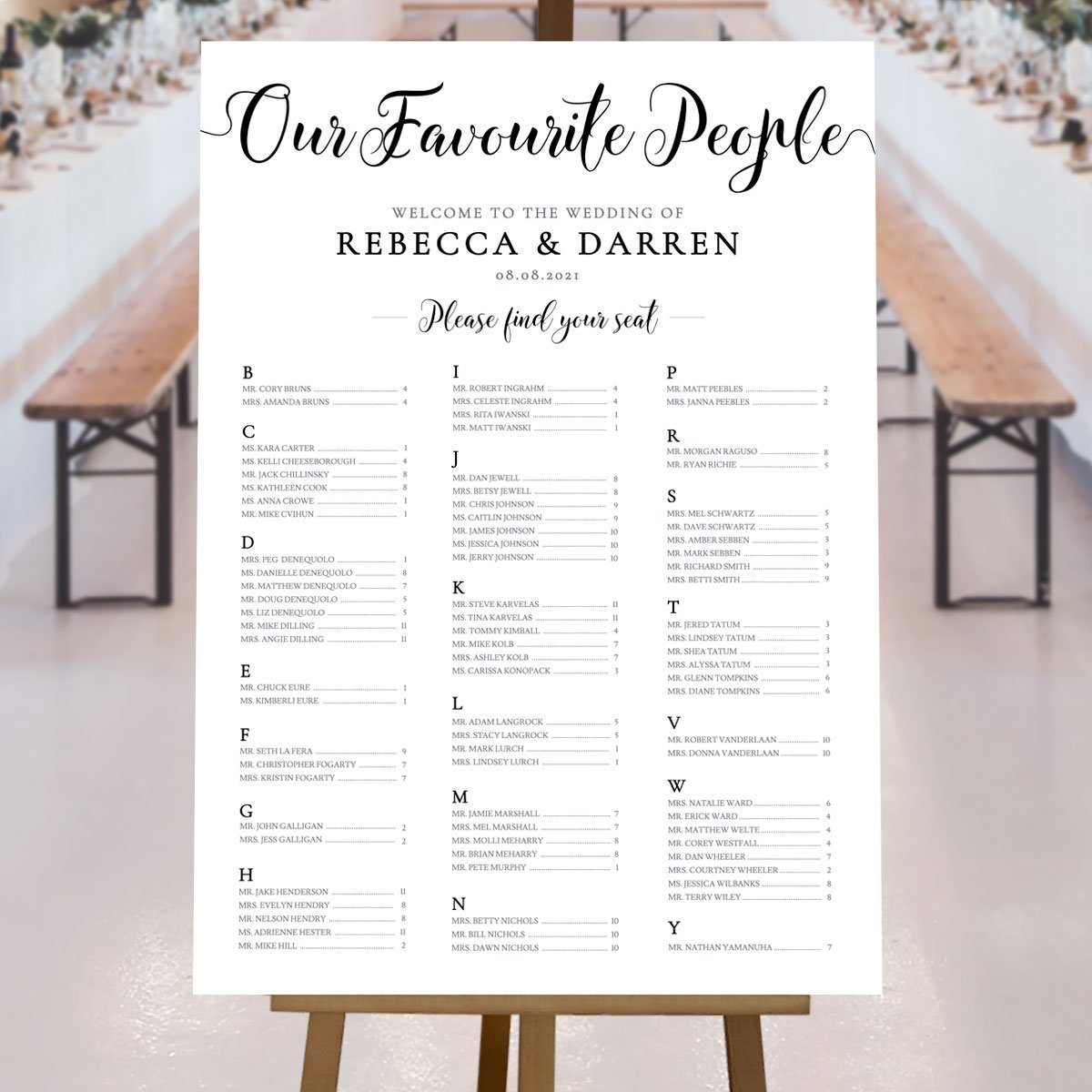 our favorite people black_a-z seating plan at rustic marquee wedding reception