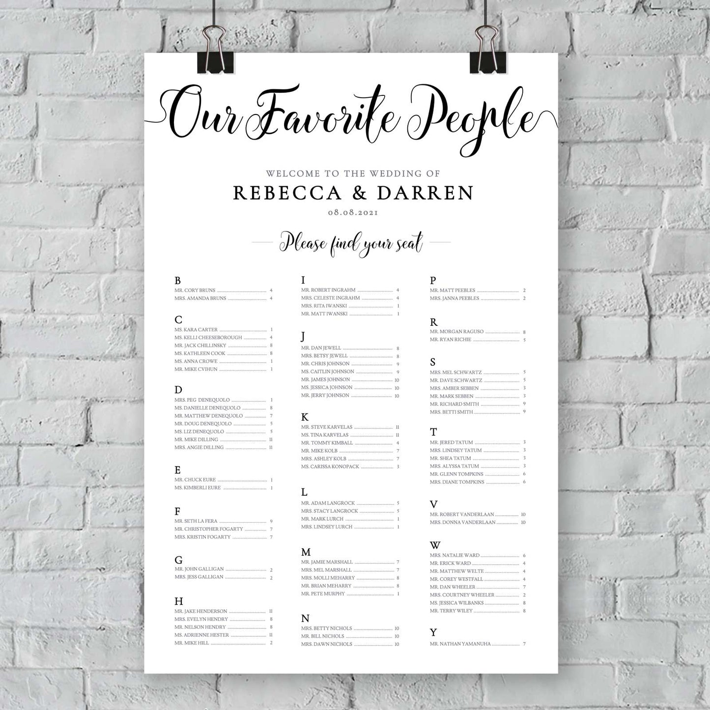 our favorite people minimalist alphabetical seating chart hanging wall black and white