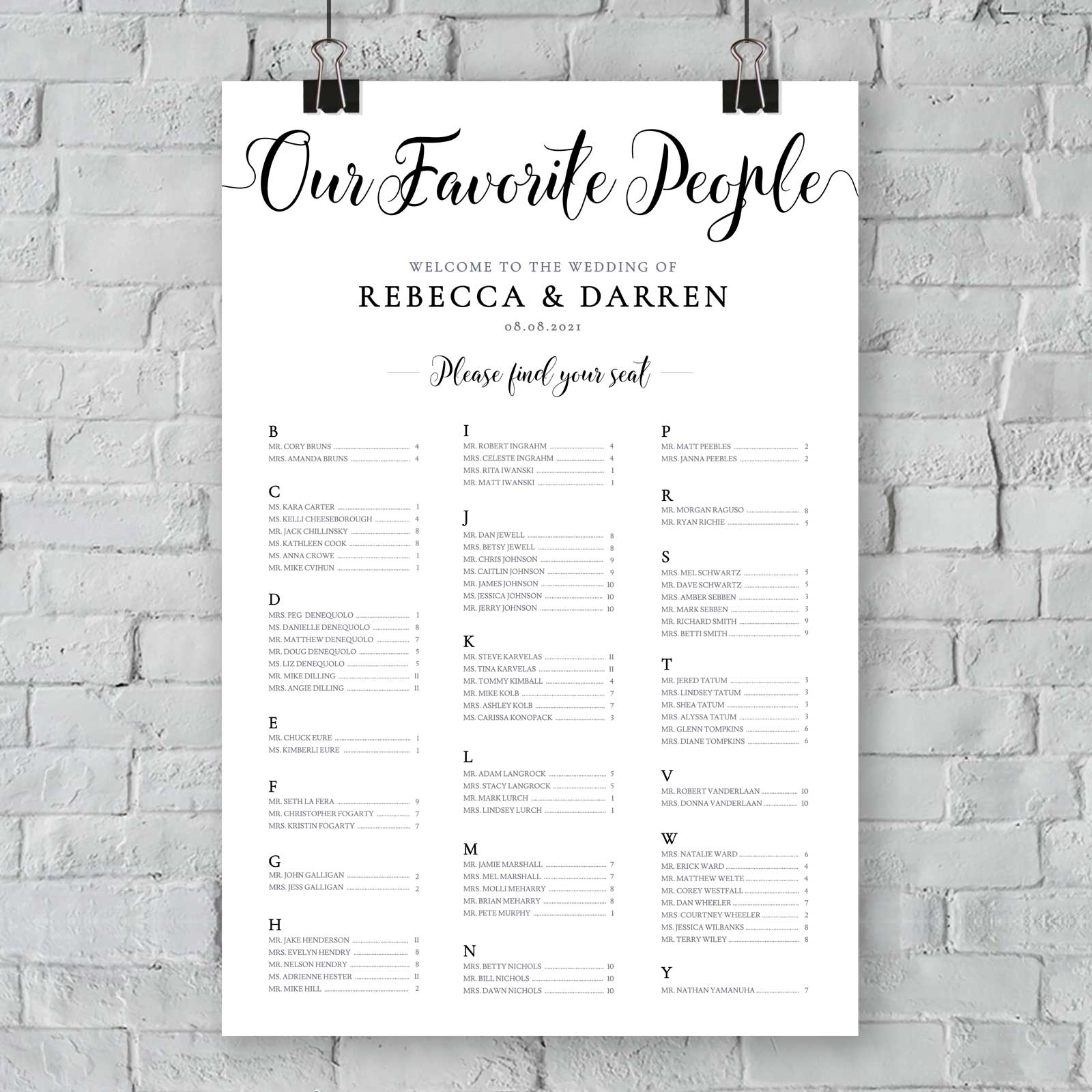 our favorite people minimalist alphabetical seating chart hanging wall black and white