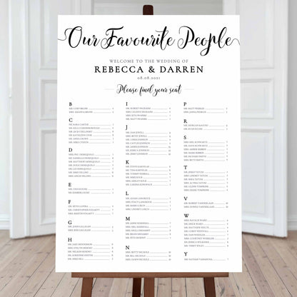 our favourite people alphabetical wedding seating chart black and white