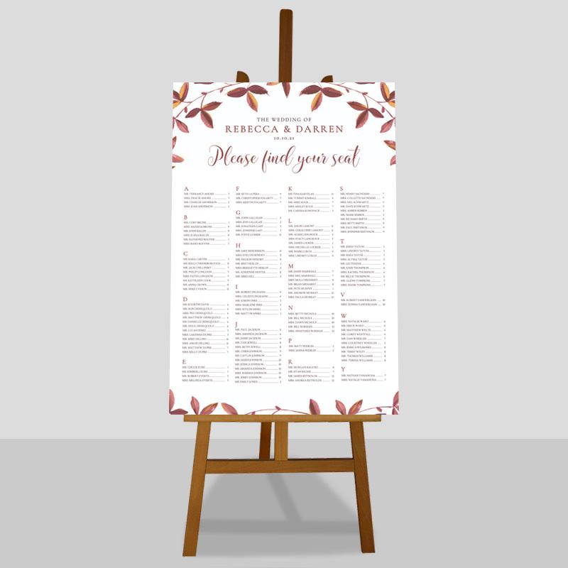 outdoor wedding alphabetical table plan autumn fall