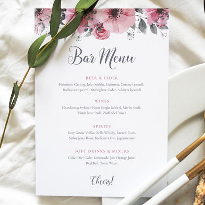 8x10 floral bar menu card on a wedding table