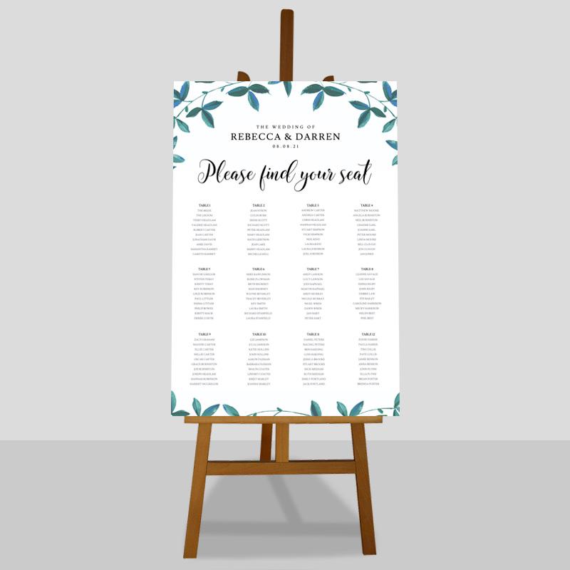 24x36 wedding seating chart on an easel