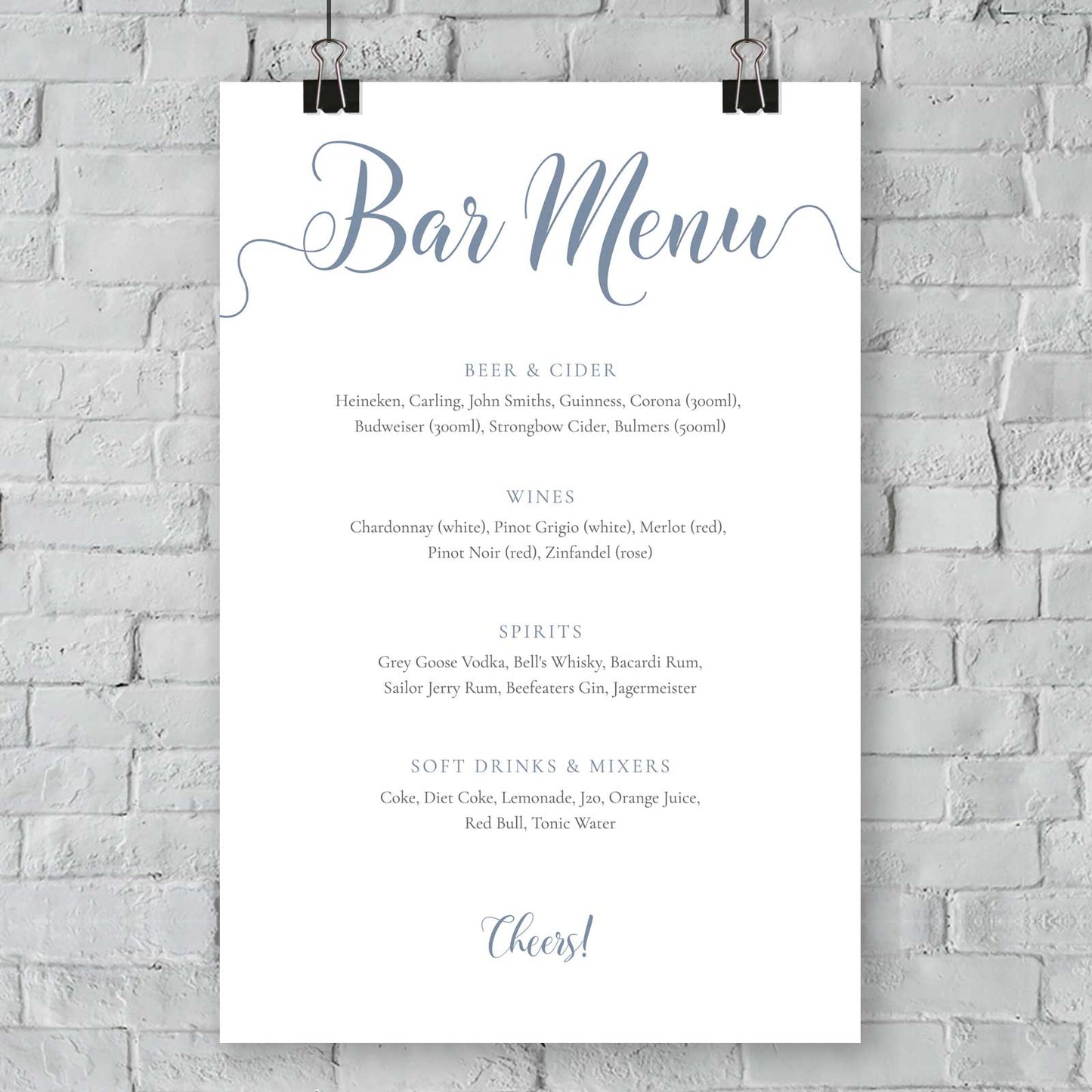 pale blue bar menu template printed on card mounted on a wall