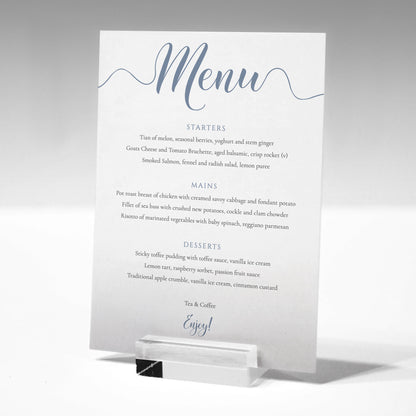 pale blue wedding menu template printed in a glass stand