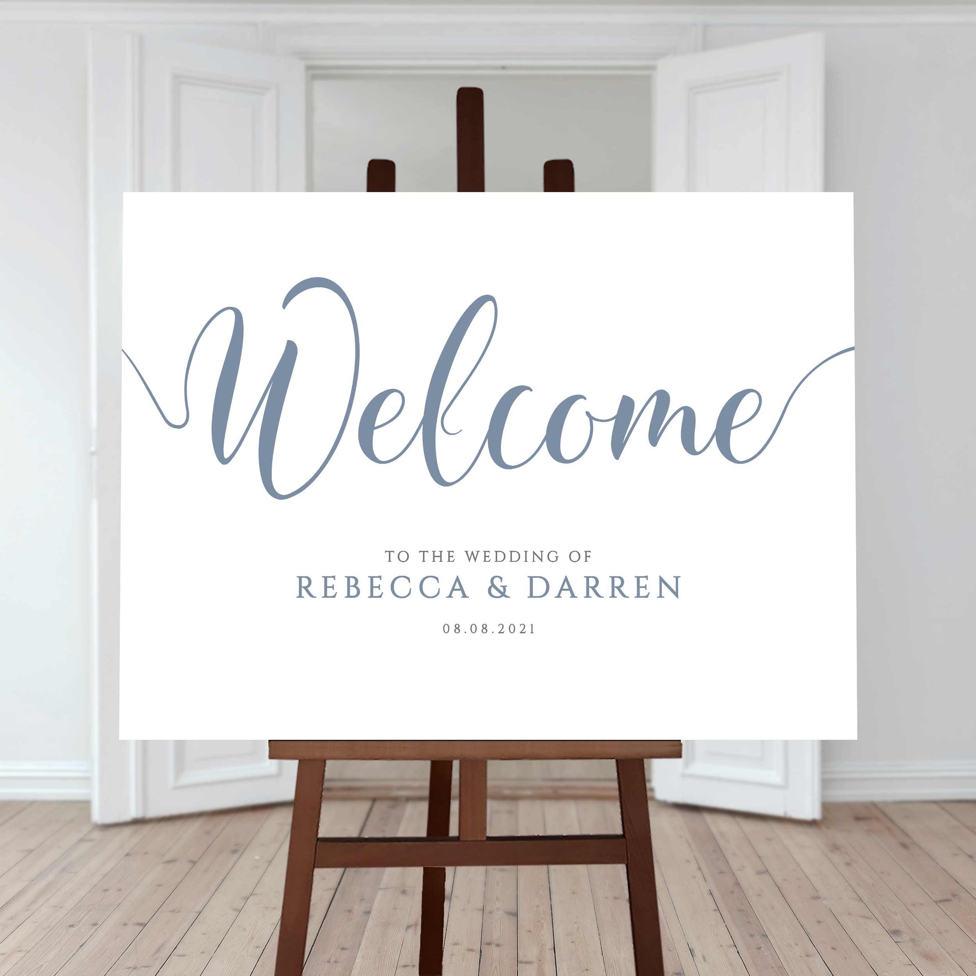 pale blue wedding welcome sign