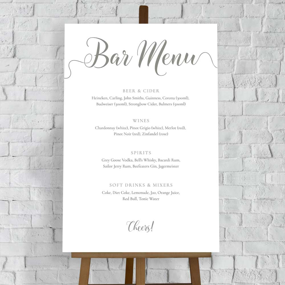 pastel green wedding bar menu printed on white foam board