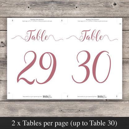 pastel pink table numbers template set up to print 2 per page
