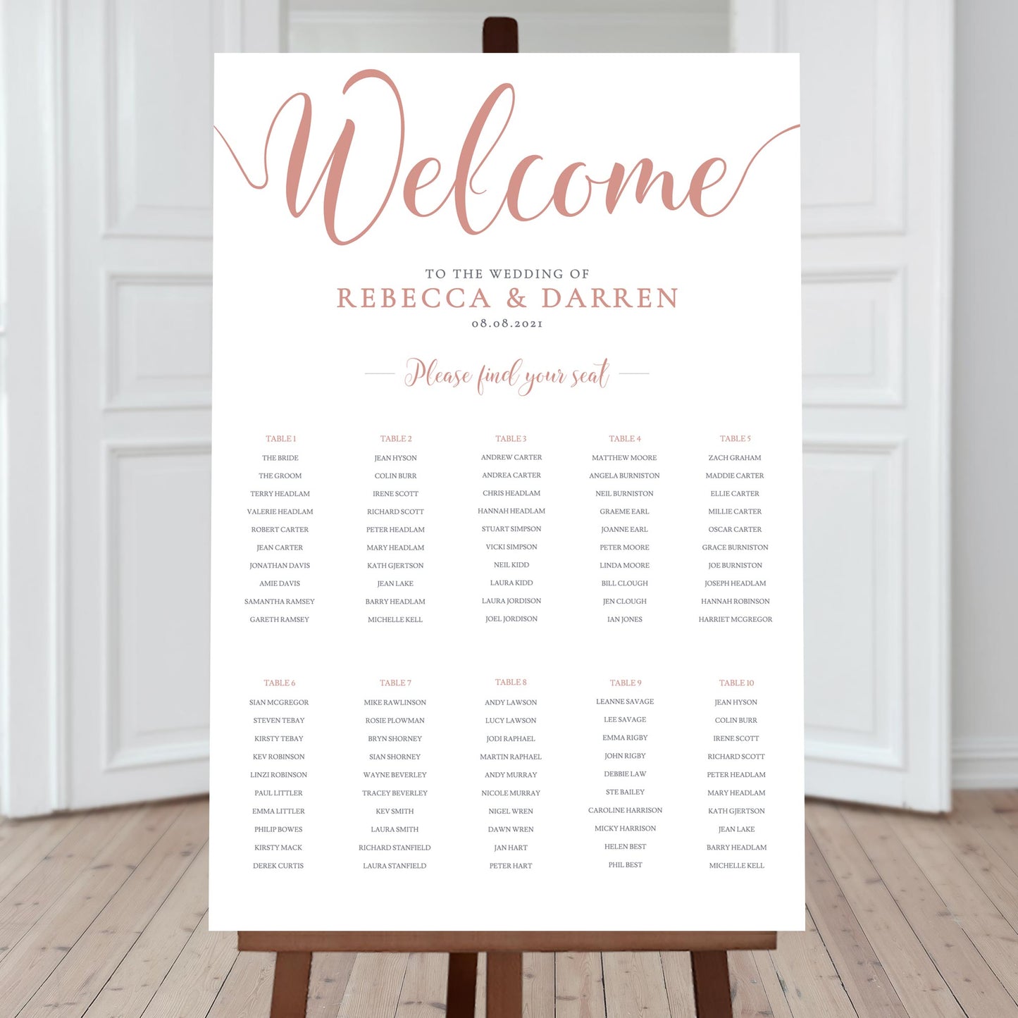 peach wedding seating chart template with 10 tables