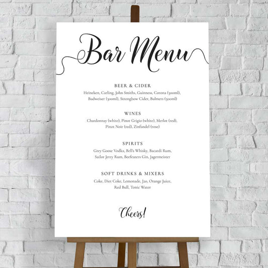large personalised bar menu with elegant black text