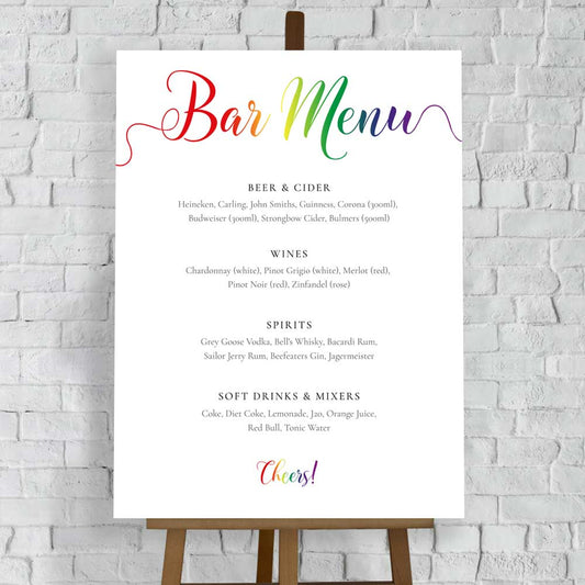 Gay Pride Rainbow Flag Wedding Bar Menu