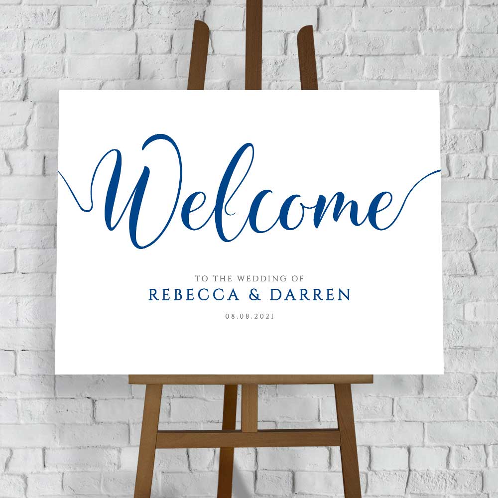 personalised wedding welcome sign azure blue