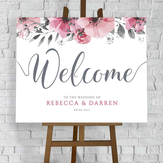 personalised wedding welcome sign with floral pattern