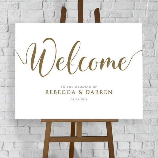 personalised wedding welcome sign in gold