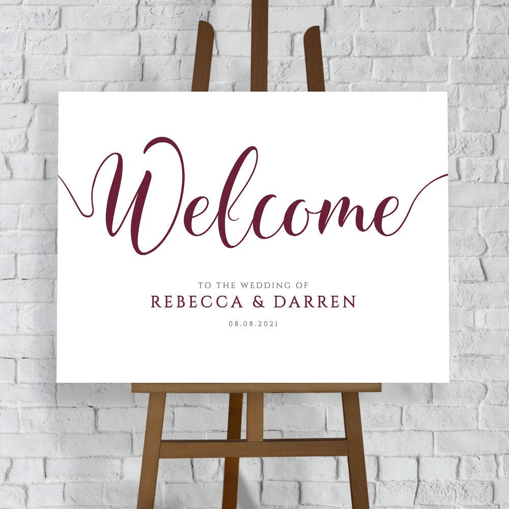 personalised wedding welcome sign in burgundy