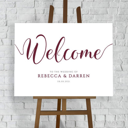personalised wedding welcome sign in burgundy