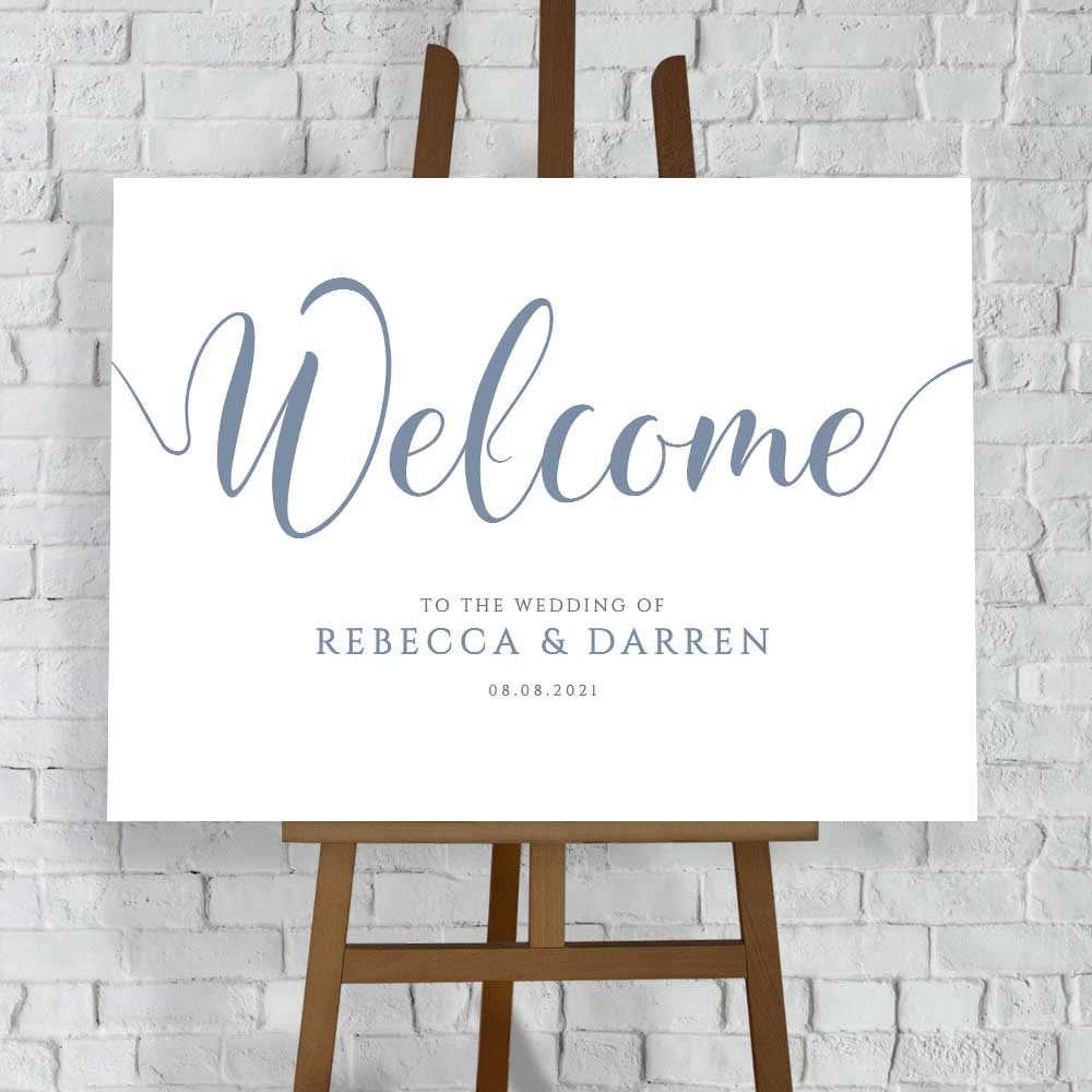 personalised wedding welcome sign in dusty blue