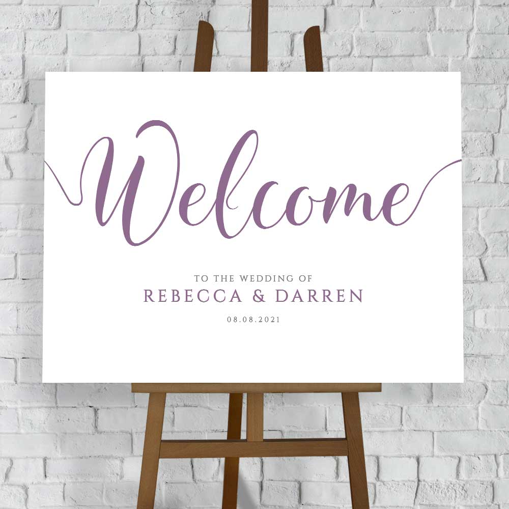 personalised wedding welcome sign in lilac purple