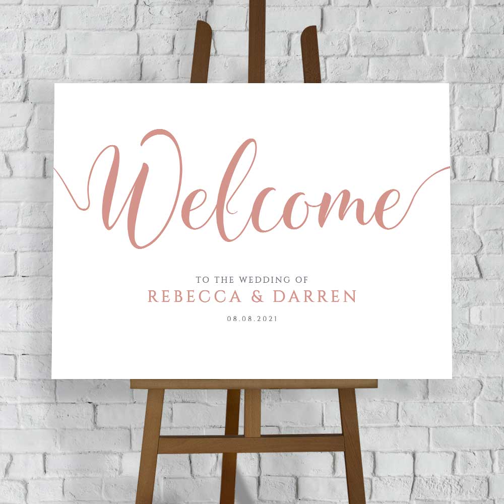 personalised wedding welcome sign in rose gold
