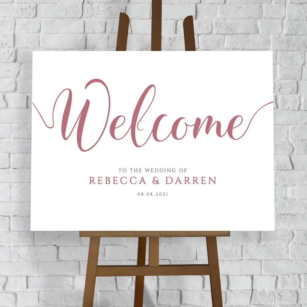 personalised wedding welcome sign in rouge pink