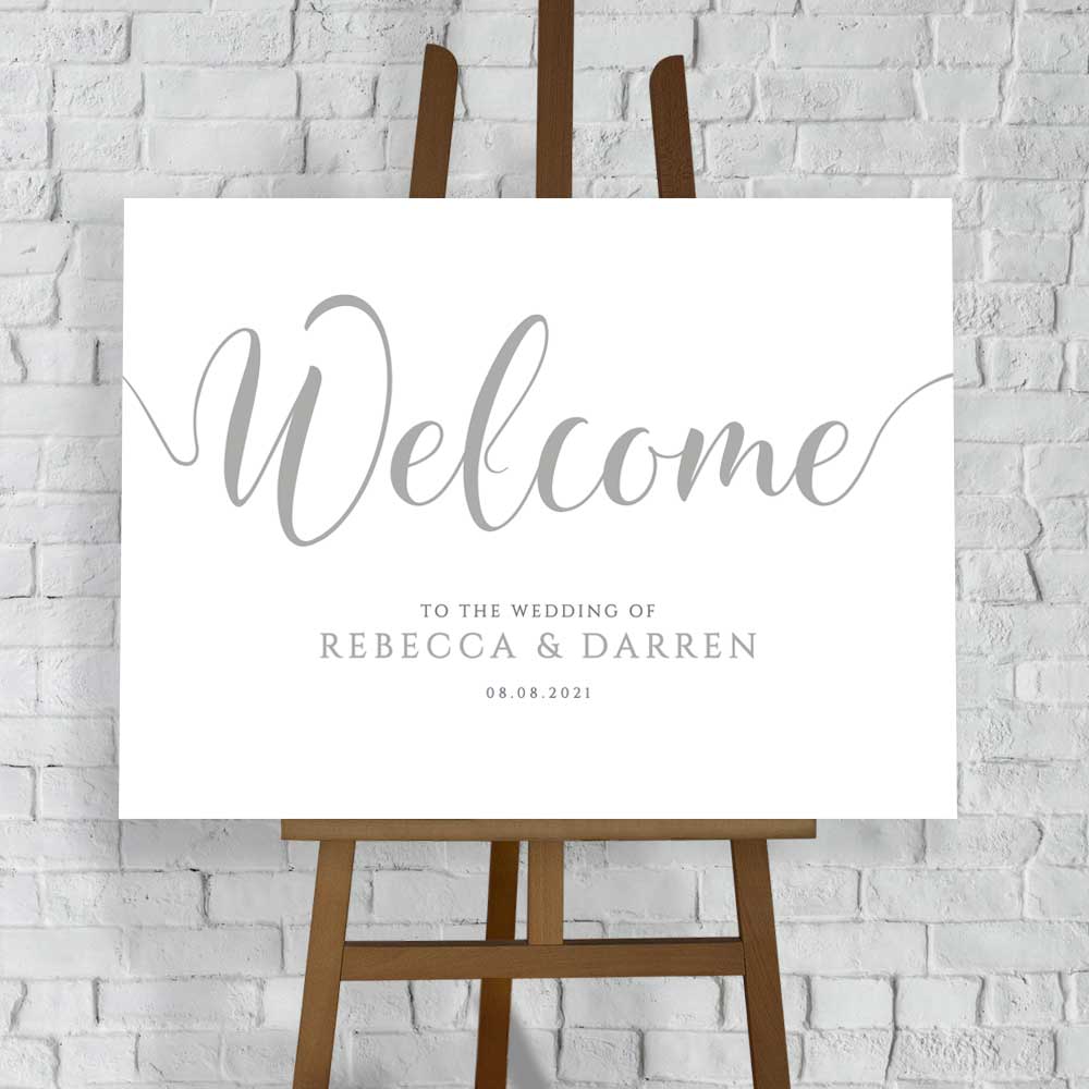 personalised wedding welcome sign in silver