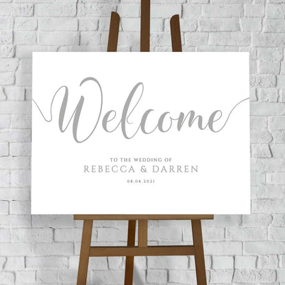 personalised wedding welcome sign in silver