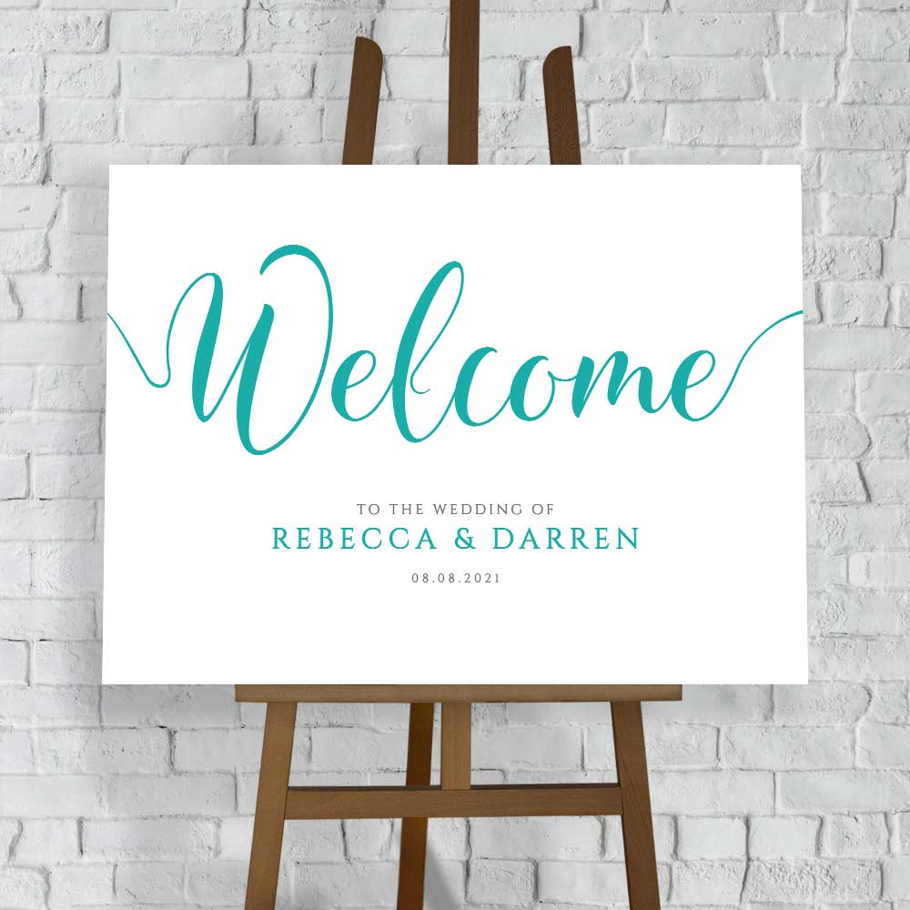 personalised wedding welcome sign in turquoise