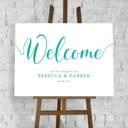 personalised wedding welcome sign in turquoise
