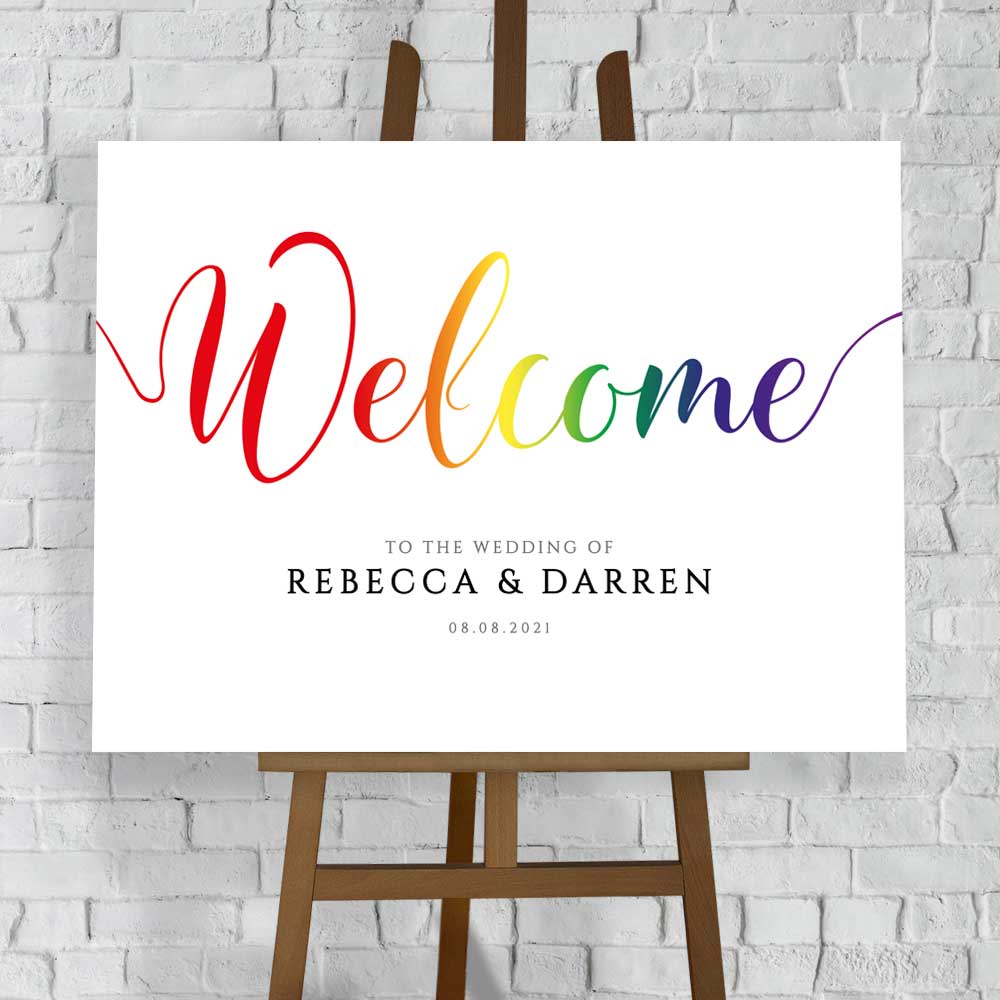 rainbow welcome sign at a lesbian wedding