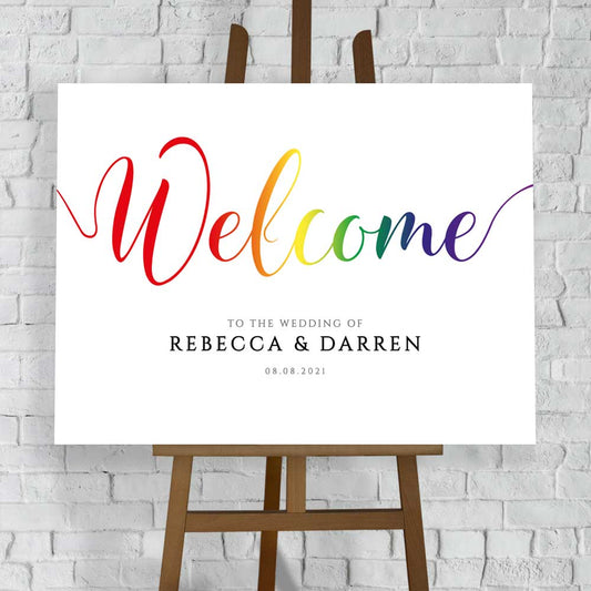 rainbow welcome sign at a lesbian wedding