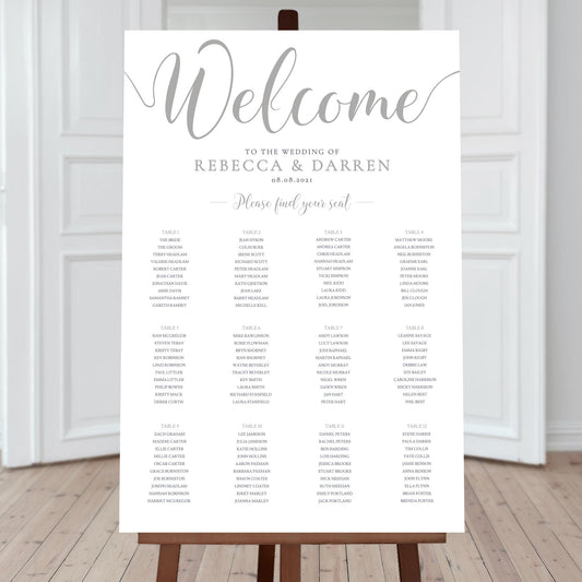 pewter wedding seating chart with 12 tables
