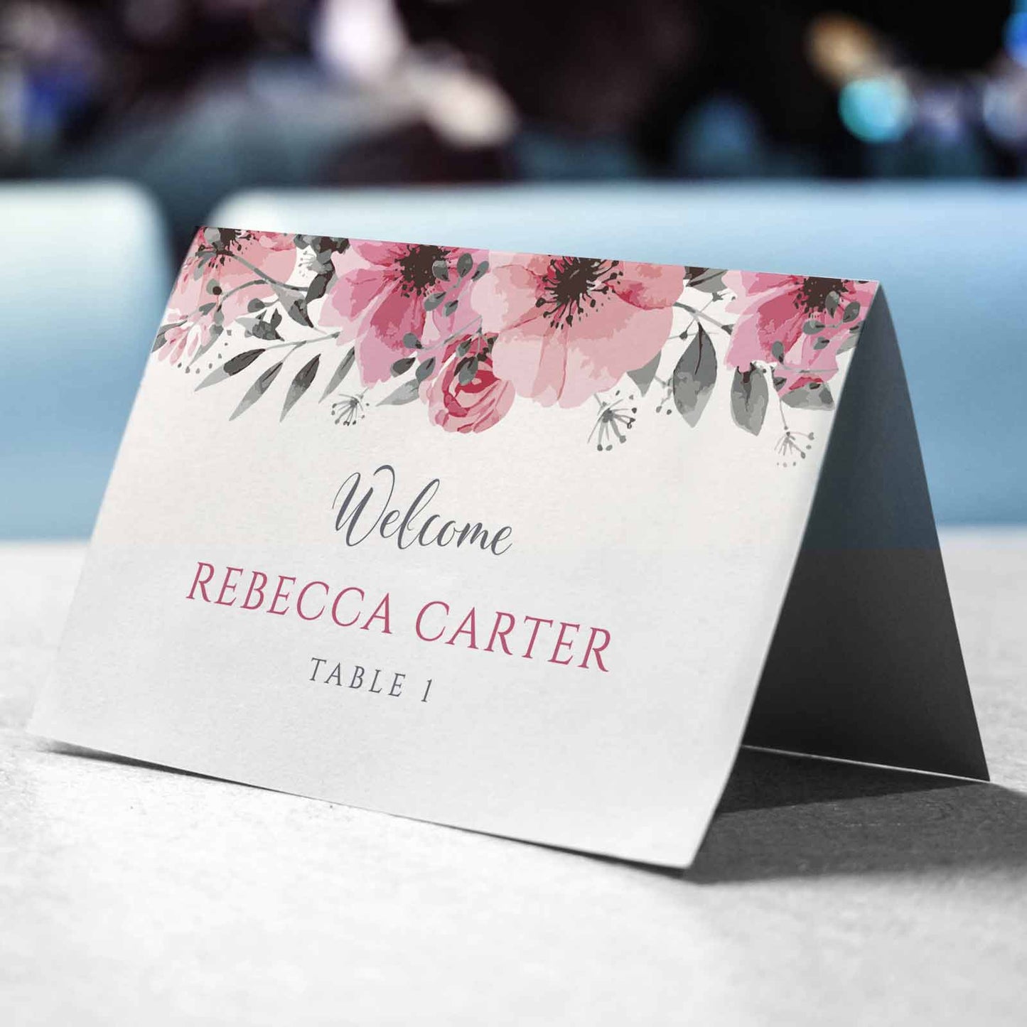 place card template with pink flowers at a wedding receptione