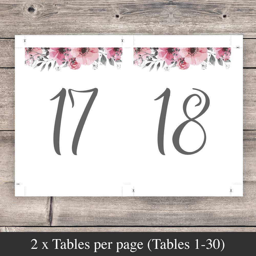 table numbers template with pink flowers in bloom ready to print 2 per sheet