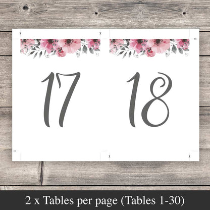 table numbers template with pink flowers in bloom ready to print 2 per sheet