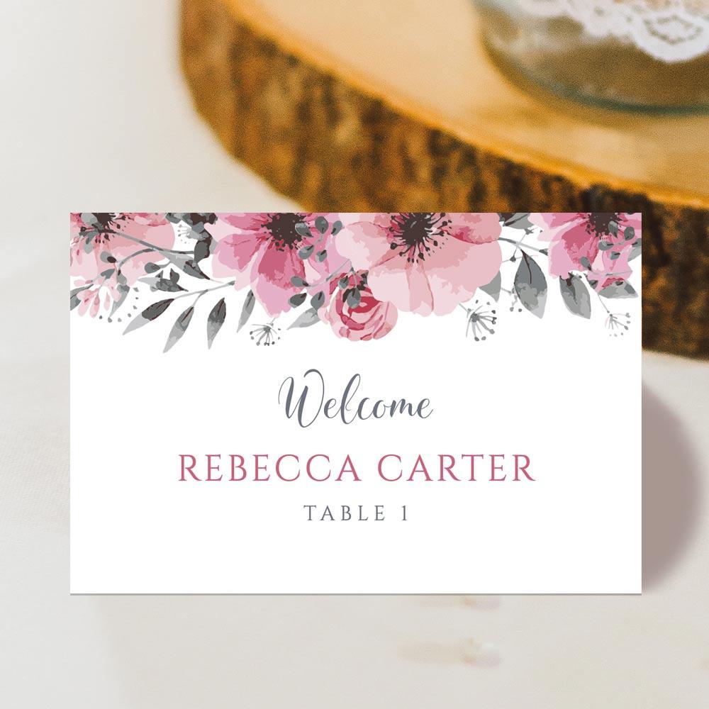 pink wedding bouquet on editable place cards