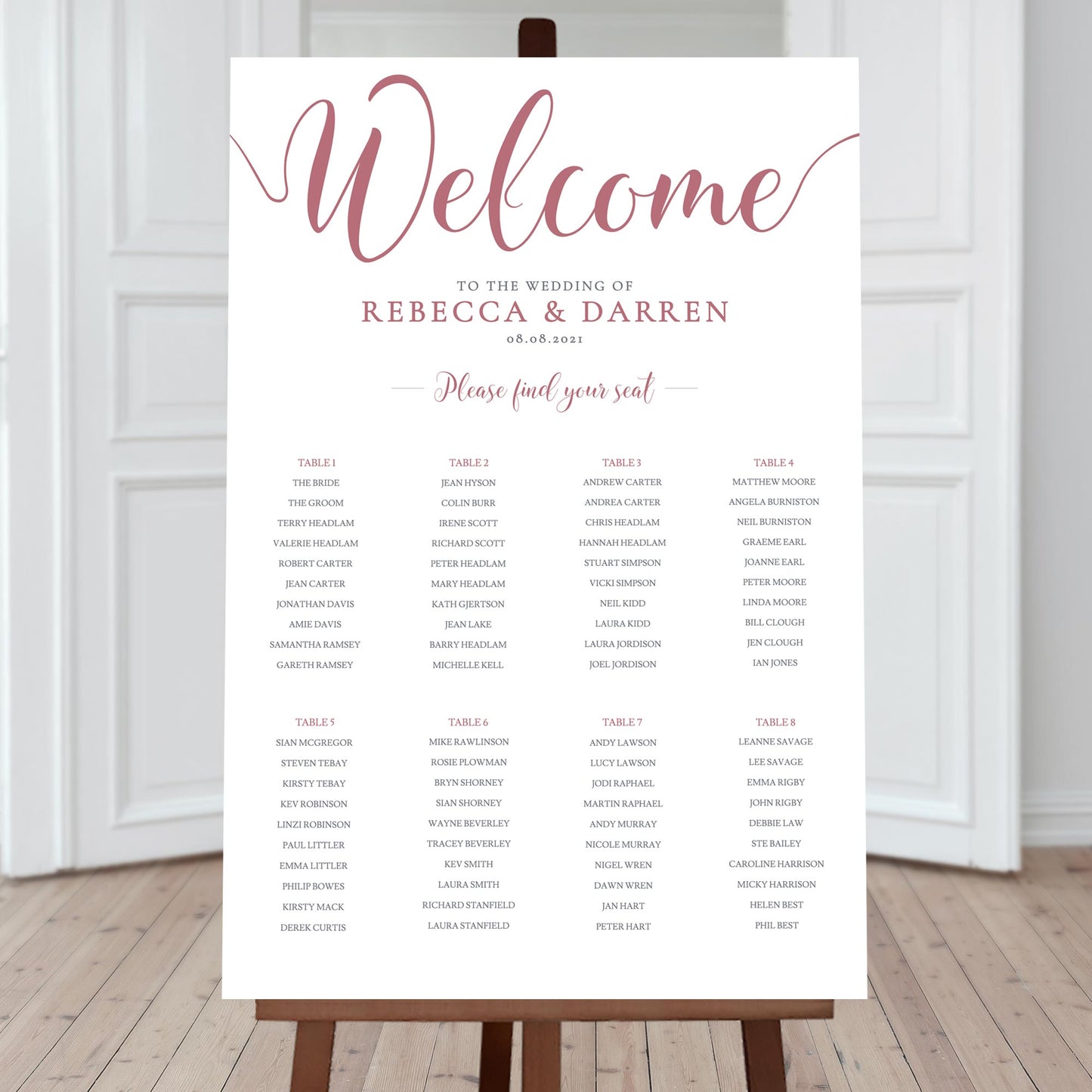 pink wedding seating chart with 8 tables