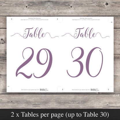 plum purple table numbers template set up to print 2 per page