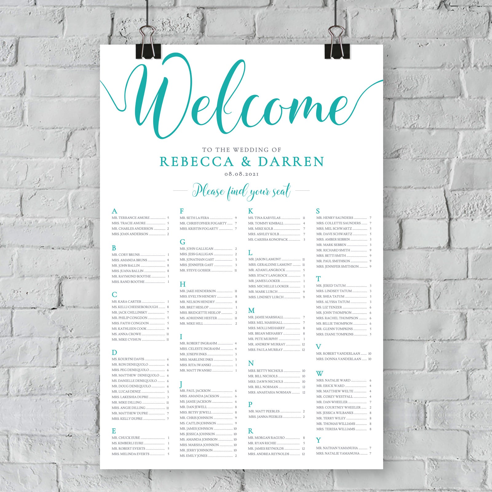 portrait turquoise seating chart 24x36 on wall