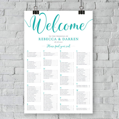 portrait turquoise seating chart 24x36 on wall