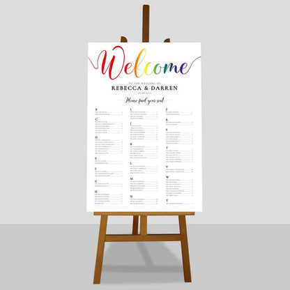 rainbow welcome seating chart with bride and groom names