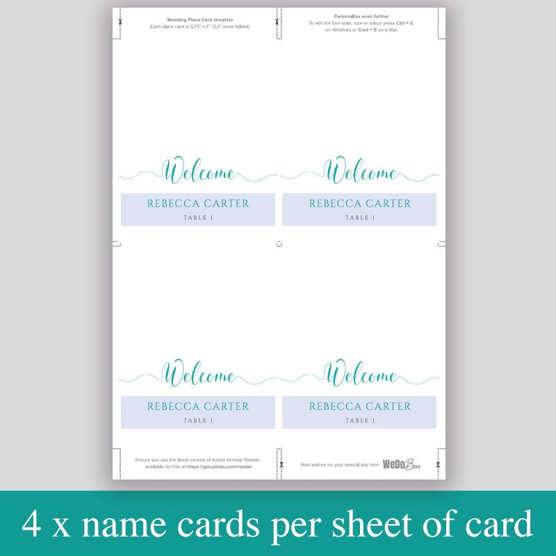 print 4 aqua place cards per sheet to save paper