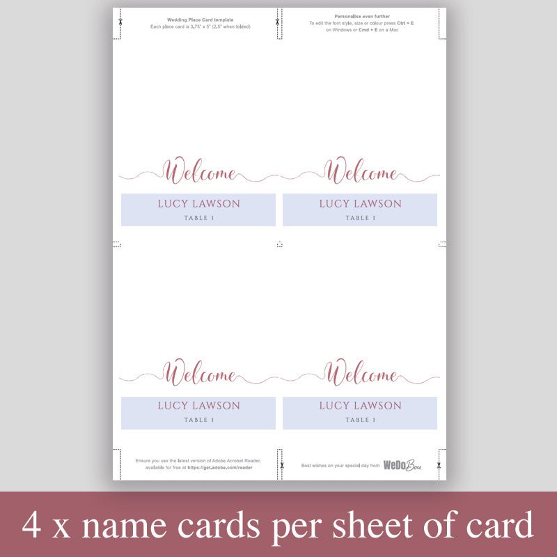 print 4 blush pink place cards per sheet to save paper
